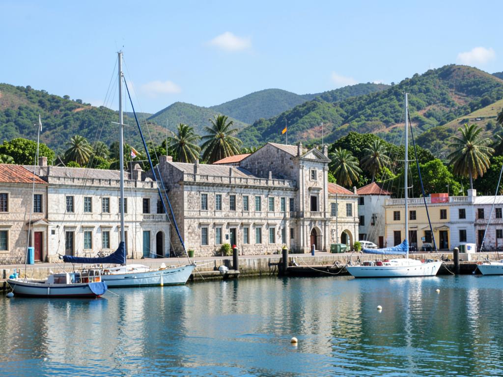 Historic stone buildings and sailboats at Nelson's Dockyard, Antigua