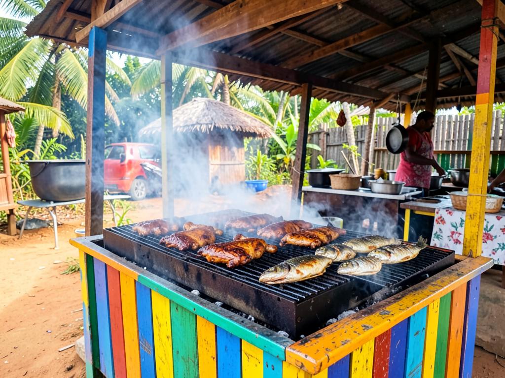 Grilled chicken and fish at a colourful roadside barbecue stall in Antigua