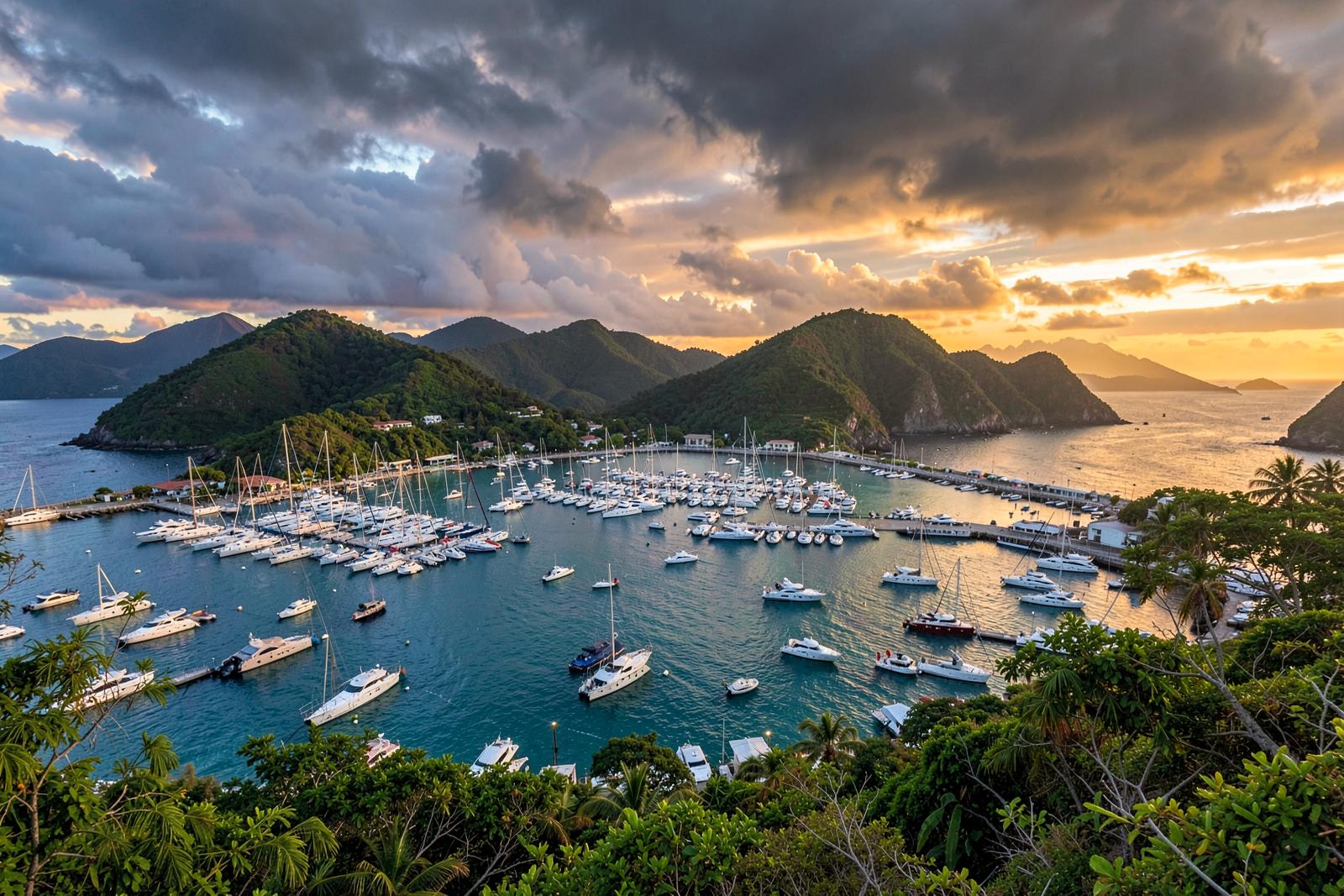 Sunset view over a yacht-filled Caribbean harbour from a hilltop lookout